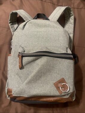 Boys Grey Canvas Backpack with Brown Trim - Casual Everyday Bag